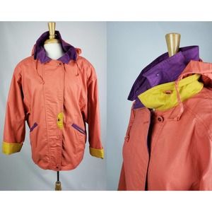 90s Neon Color Block Hooded Windbreaker Jacket L